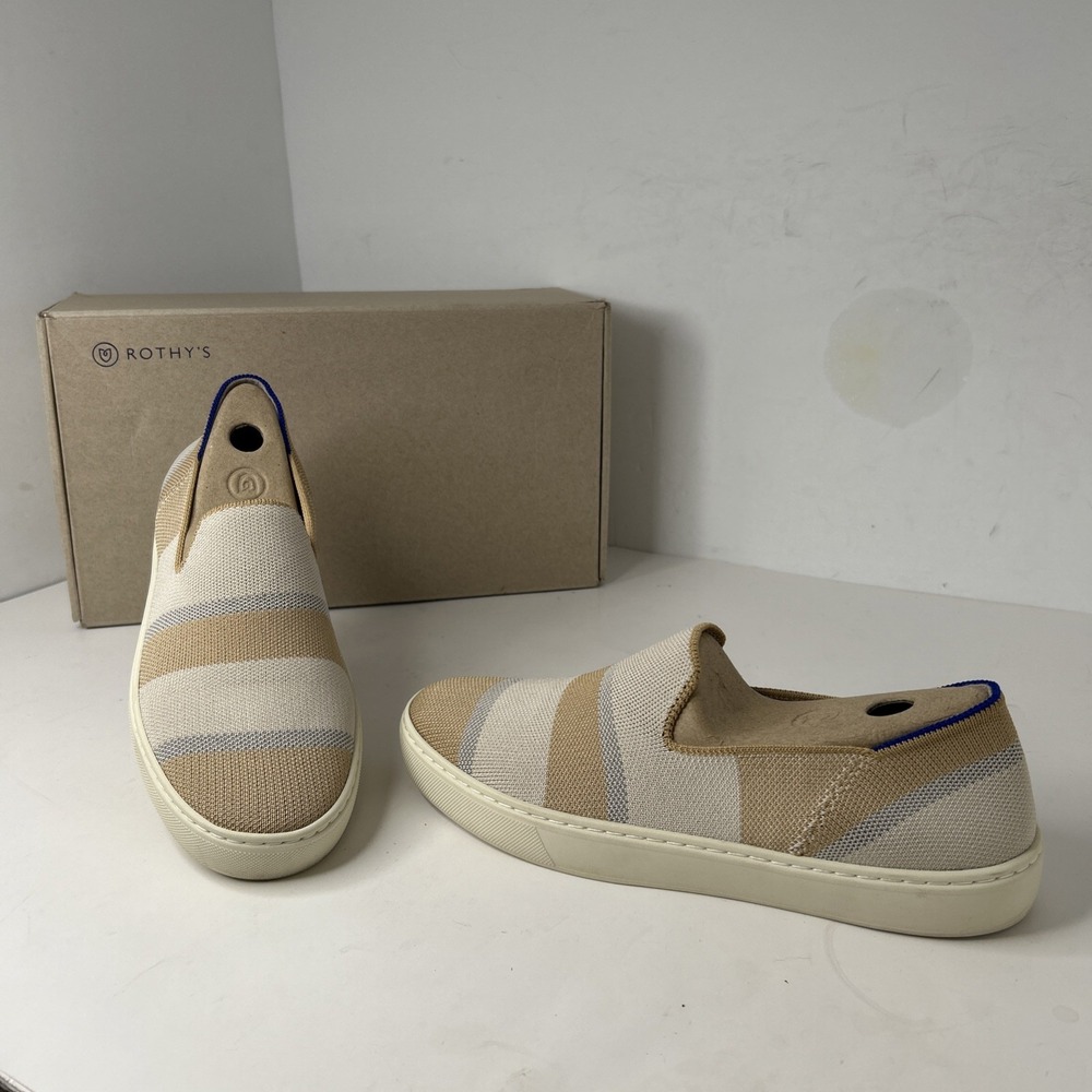 Rothy's The Sneaker Beige Birch Stripe Round Toe Slip On  Women's‎ Size 8.5